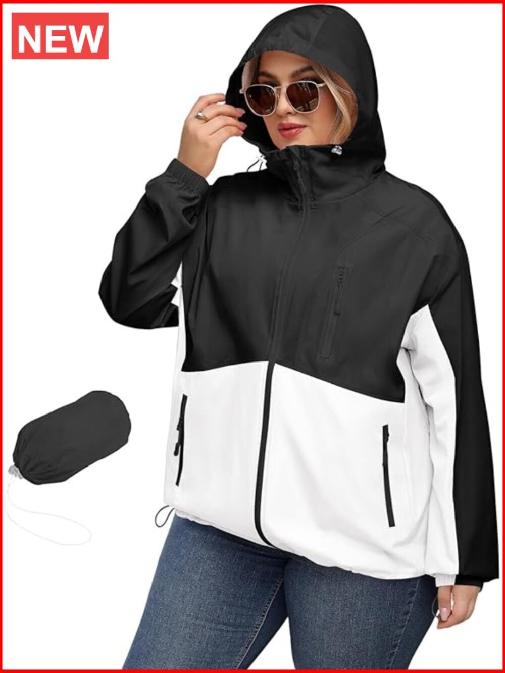 Plus Size Rain Jacket with Hood Waterproof Lightweight Packable Trench Coat